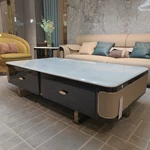 White Marble-Top Coffee Table with Cream Woven Leather Sides and Dark Glossy Frame